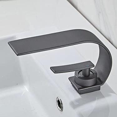 Imagem de Torneira de água quente e fria curva de alça única Torneira de pia de banheiro de água em cascata 304 Torneira misturadora de aço inoxidável, cinza