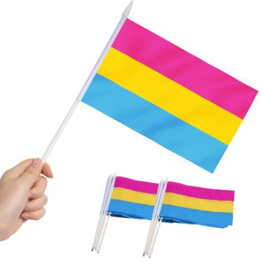 Imagem de ANLEY Bandeira da vara do orgulho pansexual, bandeira da vara de 5x8 polegadas com bastão sólido branco de 12 "- cor vívida e resistente ao desbotamento - mini bandeiras de 5 x 8 polegadas à mão