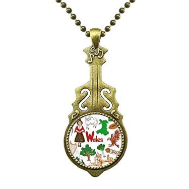 Imagem de DIYthinker Colar com bandeira nacional do Reino Unido Wales Landscap com pingente de música de guitarra antiga