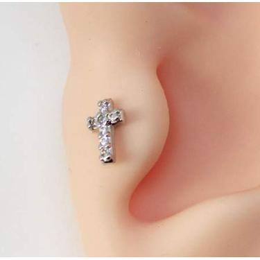 Imagem de Piercing de Cruz Cravejada Folheada a Ouro Branco