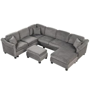 Imagem de Conjuntos de sofás seccionais 7 lugares sofá secional modular sofá secional com otomano com espreguiçadeira lateral direita tecido em forma de L conjunto de sofá de canto na sala de estar (tecido cinza escuro -122 * 91,3 polegadas)