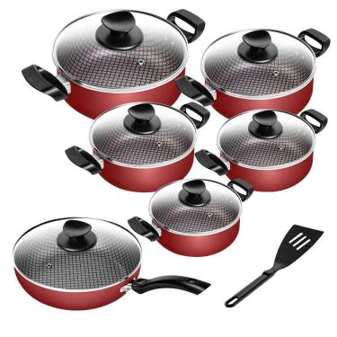 Imagem de Jogo De Panelas Antiaderente spesso Com Frigideira Número 24 Vermelho Tampa De Vidro Temperado 6 Peças Patolux