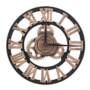Imagem de knitting machine Relógio de parede rústico vintage - Design de engrenagem 3D feito à mão - grande decoração de madeira para sala de estar, escritório, bar - relógio único e elegante (ouro romano 58