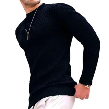 Imagem de KANG POWER Suéter masculino de algodão com gola redonda slim fit casual de malha camiseta masculina de manga longa, Azul marino, X-Small