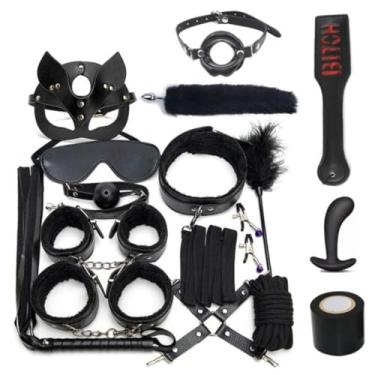 Imagem de Kits de Couro Sexy Para Casais, Conjunto Sexual, Algemas, Jogos Sexuais, Chicote, Mordaça, Mamilos, Acessórios Exóticos (Preto)