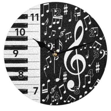 Imagem de Relógio de parede preto e branco com música, operado por bateria, relógios redondos silenciosos sem tique-taque para sala de estar, quarto, cozinha, escritório, sala de aula, decoração