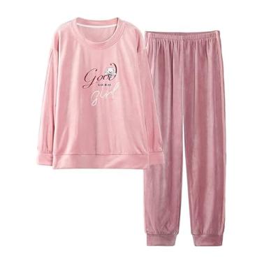 Imagem de LUBOSE Conjunto de camisola de flanela, camisola feminina, camisola térmica de inverno, terno longo feminino de manga comprida, conjunto de camisola confortável para uso doméstico (XG, rosa 6)
