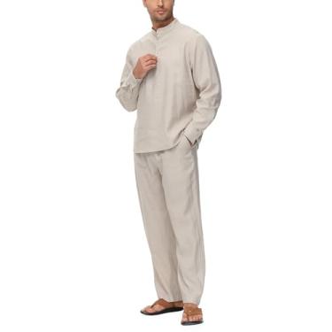 Imagem de Lamgool Conjunto masculino de 2 peças de algodão e linho camisas de manga comprida casual com cordão calças de ioga verão praia roupas de casamento, Cáqui claro - 1, P