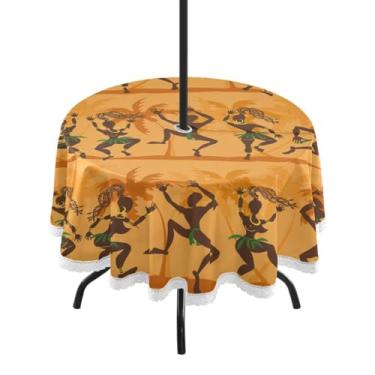 Imagem de KLL Toalha de mesa de renda para aborígenes africanos dançantes selvagens toalha de mesa para casa ao ar livre com orifício para guarda-chuva e zíper para mesa de chá de sobremesa, 152 cm