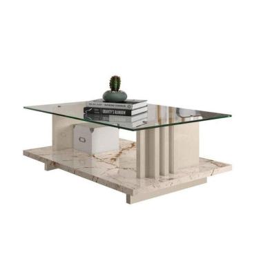 Imagem de Mesa de Centro para Sala Frizz Com Tampo de Vidro Cor Calacata e Off White - Madetec Móveis