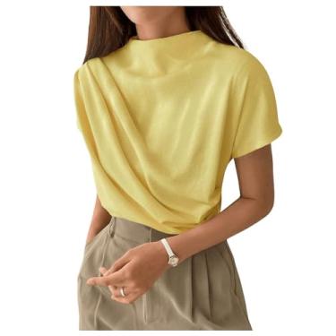 Imagem de SweatyRocks Camiseta feminina casual manga curta gola redonda assimétrica franzida simples, Mostarda amarela, M