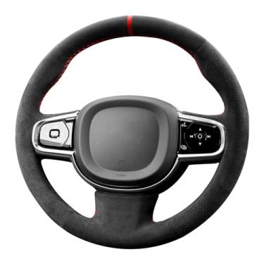 Imagem de Alfanxi Costura à mão Itália Alcantara Capa de volante para Volvo S60/S90/V60 V90 Cross Country/XC60/XC90 (Alcantara preto com pontos + listras vermelhas)