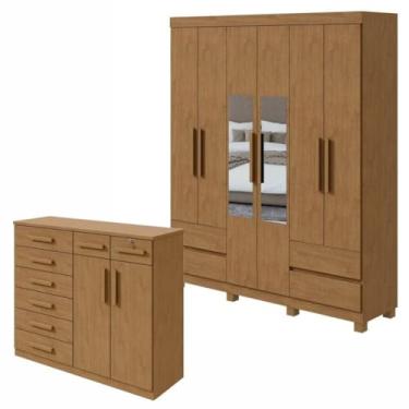 Imagem de Conjunto de Guarda-roupa 6 Portas 4 Gavetas Zeus com Espelho e com Pése Cômoda Toronto Amêndoa Clean