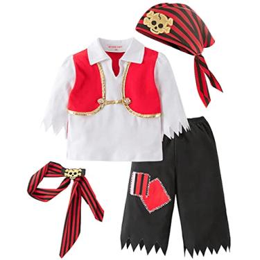 Imagem de FANCYINN Fantasia de pirata para meninos de Halloween para fantasia de Capitão Stinker Party Tops+Calças+Chapéu + Cinto Conjunto de 4 peças 100 3-4T
