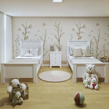 Imagem de Quarto Infantil com 2 Camas Solteiro Athenas Plus e Mesa de Cabeceira 3 Gavetas Maggiore New Branco