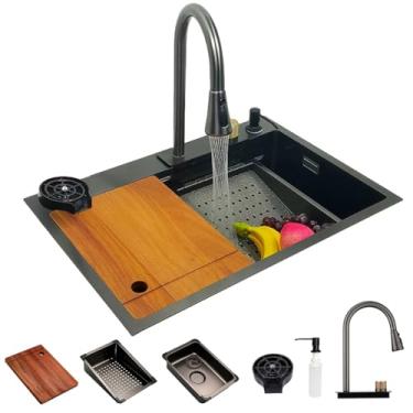 Imagem de Cuba Gourmet Premium Cascata Lavador Copos Torneira Extensível Completa Pia Cozinha Multifuncional Premium Luxo Aço Inox 304 Diversas Cores – Brinovar (PRETO)