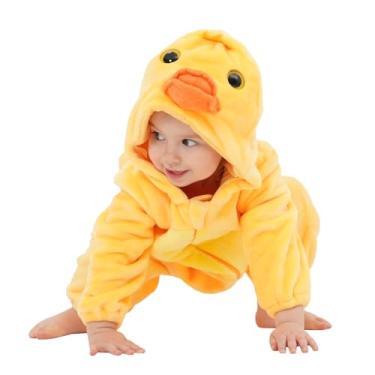 Imagem de LONULAIN Pijama unissex de fantasia de animal de bebê, macacão infantil de flanela com capuz para cosplay, roupa de casa/roupa de dormir (pato, 18 a 24 meses)