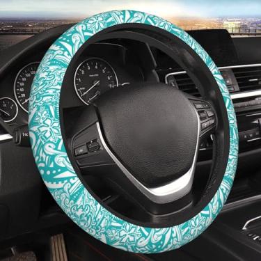 Imagem de Capa de volante de carro com tartarugas tribais havaianas azul-petróleo para mulheres e homens em tecido elástico antiderrapante capa protetora para acessórios automotivos universais decoração