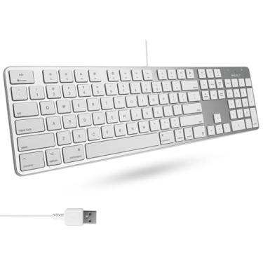 Imagem de Macally Teclado ultrafino USB com fio com teclado numérico para Apple Mac Pro, MacBook Pro/Air, iMac, Mac Mini, computadores portáteis, Windows Desktop PC, prata (SLIMKEYPROA)