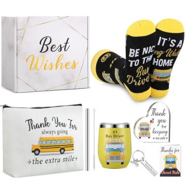 Imagem de Sliner 7 Peças Presentes de Apreciação do Motorista de Ônibus Aço Inoxidável 340 g Copo Copo Copo Chaveiro Meias Saco de Maquiagem Sinal Acrílico Cartão de Bênção Caixa de Presente