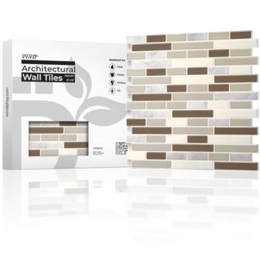 Imagem de VViViD 11 folhas de azulejos de parede de cerâmica sintética, marrom, cinza, bege e quartzo, backsplash autoadesivo 30,5 x 30,5 cm para cozinha, banheiro (11 pés quadrados)