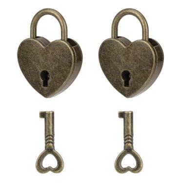 Imagem de Pacote com 2 minicadeados de bronze antigo em forma de coração com chave, pequeno cadeado vintage em forma de coração, estilo arcaize, cadeado em forma de coração para diário, caixa de joias, caixa de