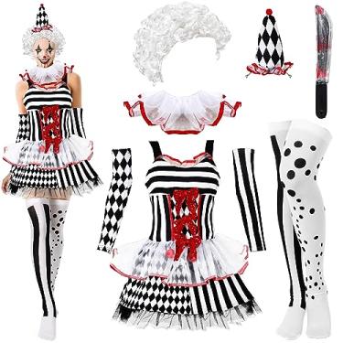 Imagem de Newcotte 7 Pcs Women Halloween Scary Costume Set Wicked Clown Costume Clown Dress Wig Stockings Plastic Sword Hat(X-Large)