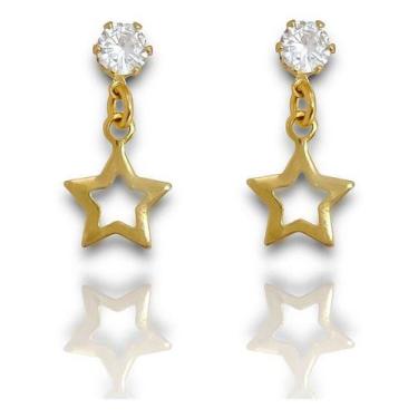 Imagem de Brinco Zirconia e Estrela Vazada Banhado Ouro 18k Semijoia - Dril Semi