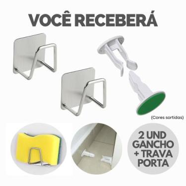 Imagem de Kit Suporte Porta Esponja Bucha Inox Gancho Adesivo Organizador - Esco