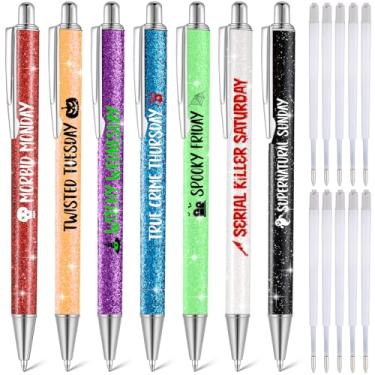 Imagem de Sherr 7 peças de canetas de dia das bruxas dia da semana canetas glitter extravagantes engraçadas canetas esferográficas com 10 peças de refil de tinta preta humor bonito caneta presentes para colegas material de escritório