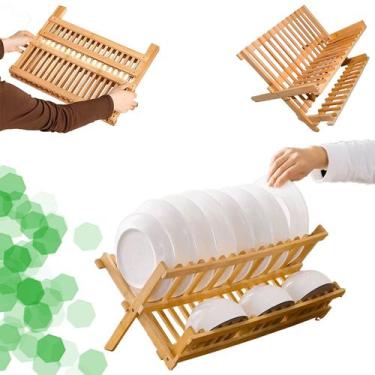 Imagem de Escorredor De Pratos Louça Bambu Natural Dobrável 14 Divisórias Anti F