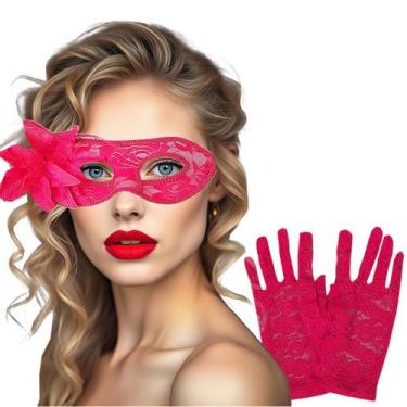 Imagem de Kit Acessório Fantasia Baile de Máscaras Carnaval: Máscara + Luva Rend