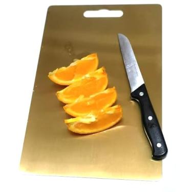 Imagem de JNXHON Utensílios de cozinha Tábua de corte de titânio Tábua de corte dupla face de aço inoxidável, aço inoxidável e almofada facial adequada para cortar várias frutas, frutos do mar, peixe, legumes e