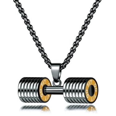 Imagem de JAJAFOOK Jewelry Colar com pingente de haltere de aço inoxidável para academia e academia, Aço inoxidável, Sem Pedra Preciosa