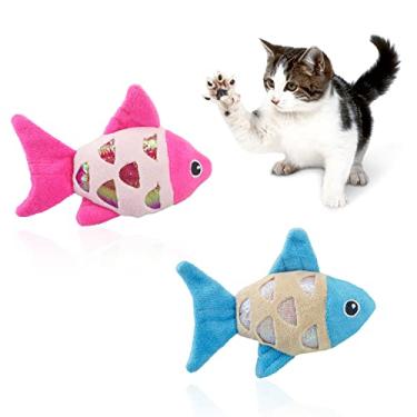 Imagem de Andiker Brinquedos de erva de gato para gatos, 2 peças de brinquedos pequenos de peixe para gatos com papel de anel de brilho enrugado para fazer som para chamar a atenção do seu gato e para seus gatos mastigarem e pegarem brinquedos interativos para gatos internos (2 peças)