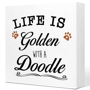 Imagem de Life is Golden With a Doodle Wooden Sign Desk Decor,Rustic Pet Wood Block Sign Desk Decorations for Dog Mom Home Bedroom Living Room Girls Room Shelf Table Decor Gifts