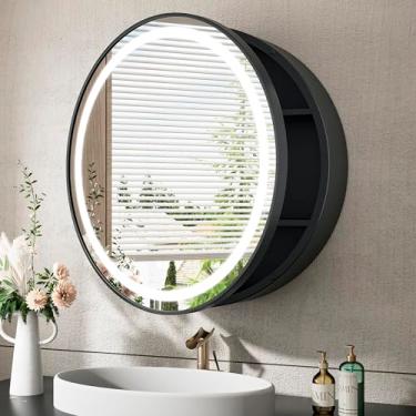 Imagem de TokeShimi Armário de remédios redondo de 76 cm com espelho iluminado, espelho de banheiro de LED de 3 cores, preto, suporte de superfície espelhado com armazenamento para banheiro, 2 tomadas elétricas