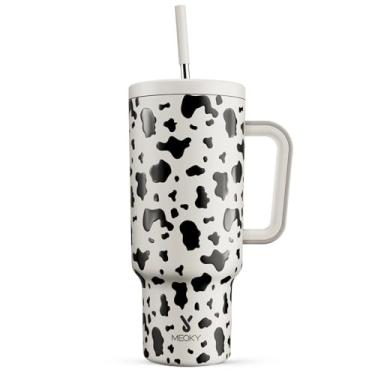 Imagem de Meoky Copo de 40 onças com alça e canudo, copo com tampa e canudo, caneca de viagem isolada em aço inoxidável, 100% à prova de vazamentos, mantém frio por 34 horas ou quente por 10 horas (va