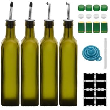Imagem de Garrafa dispensadora de azeite de oliva de 500 ml, conjunto de dispensador de óleo de vidro e vinagre de 500 ml com 4 dosadores de aço inoxidável, 8 etiquetas, garrafas de óleo de funil para cozinha