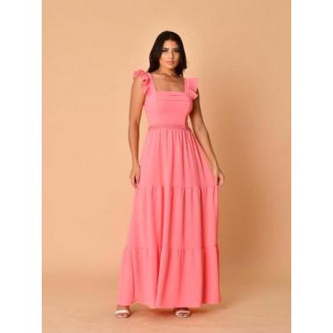 Imagem de Vestido longo luxo duna lisa com babada na manga renda na cintura 1943