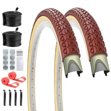 Imagem de SIMEIQI Pacote com 2 pneus Beach Cruiser 61 x 5,4 cm / 66 x 5,4 cm / 66 x 6 cm com tiras de aro de tubos compatíveis com bicicletas de estrada híbridas retrô Beach Commuter (26 x 2,125)