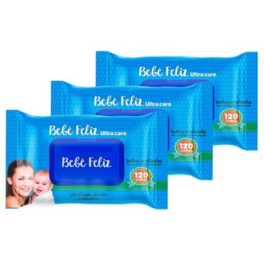 Imagem de Kit 3 Lenços Umedecidos Bebê Feliz - Total de 360 Unidades - Com Tampi