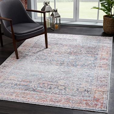 Imagem de Bloom Rugs Caria Tapete lavável antiderrapante 3x5 - Tapete de área tradicional azul oceano/tijolo para sala de estar, quarto, sala de jantar e cozinha - Tamanho exato: 9,5 x 1,5 m