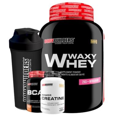 Imagem de Kit Waxy Whey 2kg + BCAA 4,5 100g + Power Creatina 100g + Coqueteleira – Bodybuilders (Morango)