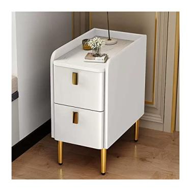 Imagem de Mesa de cabeceira, mesa de cabeceira exclusiva de couro sintético com 2 gavetas e pernas de aço inoxidável, mesa de canto estreita de madeira, móveis de armazenamento de quarto, branco, moldura de