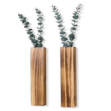 Imagem de Pacote com 2 vasos de parede de madeira com 4 peças de eucalipto artificial, decoração de parede de plantas para sala de estar, quarto, banheiro, escritório, vaso de parede com plantas falsas, marrom