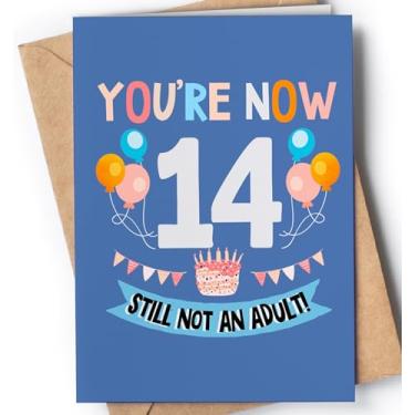 Imagem de Cartão engraçado de aniversário de 14 anos para menino ou menina com envelope | Cartão exclusivo e original para filho, filha, neto ou neta | Você tem 14 anos agora