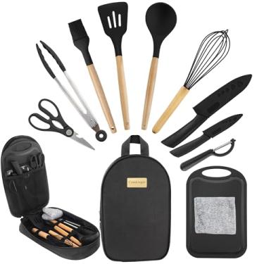 Imagem de Camkinger Conjunto de utensílios de cozinha de silicone para acampamento preto, 12 peças, acessórios de cozinha para trailer, kit de utensílios de acampamento portátil para viagem, itens essenciais de