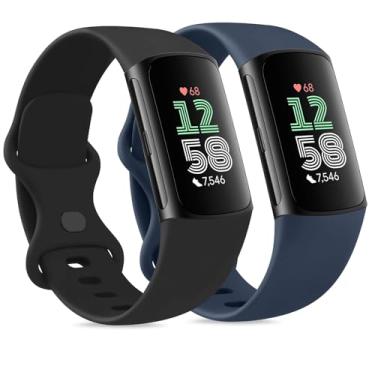 Imagem de Pacote com 2 pulseiras compatíveis com Fitbit Charge 6/Fitbit Charge 5 para mulheres e homens, à prova d'água clássica, esportiva macia, grande (preto + azul marinho)