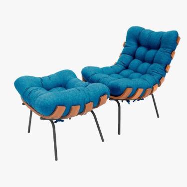 Imagem de Poltrona com Puff Costela Madeira e Linho - Casuni, Rustico Azul